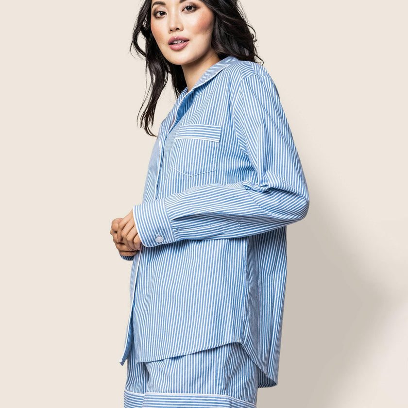 Women's Twill Long Sleeve Short Set in French Blue Heritage Stripe