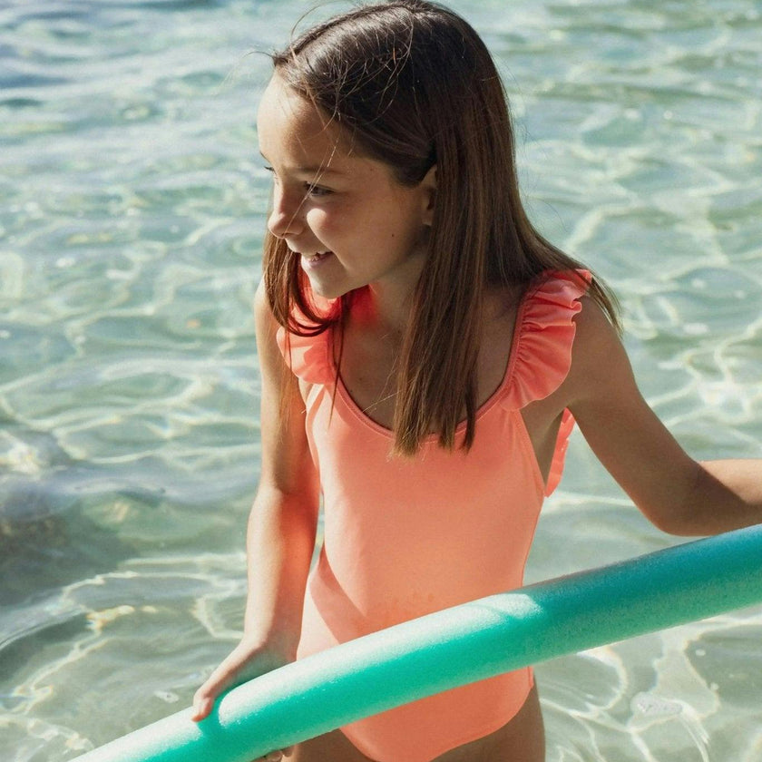 Girls' anti-UV swimsuit with ruffles, neon coral | BORA BORA 1P