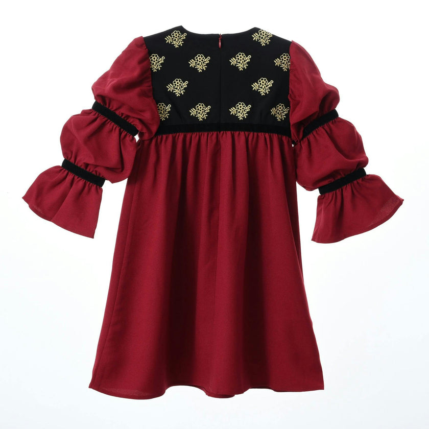 Bella dress (burgundy with golden embroidery blooms)