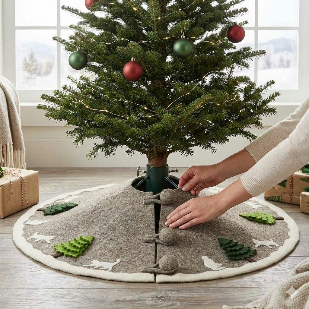 Handmade Felted Cats and Green Trees Grey Christmas Tree Skirt 36