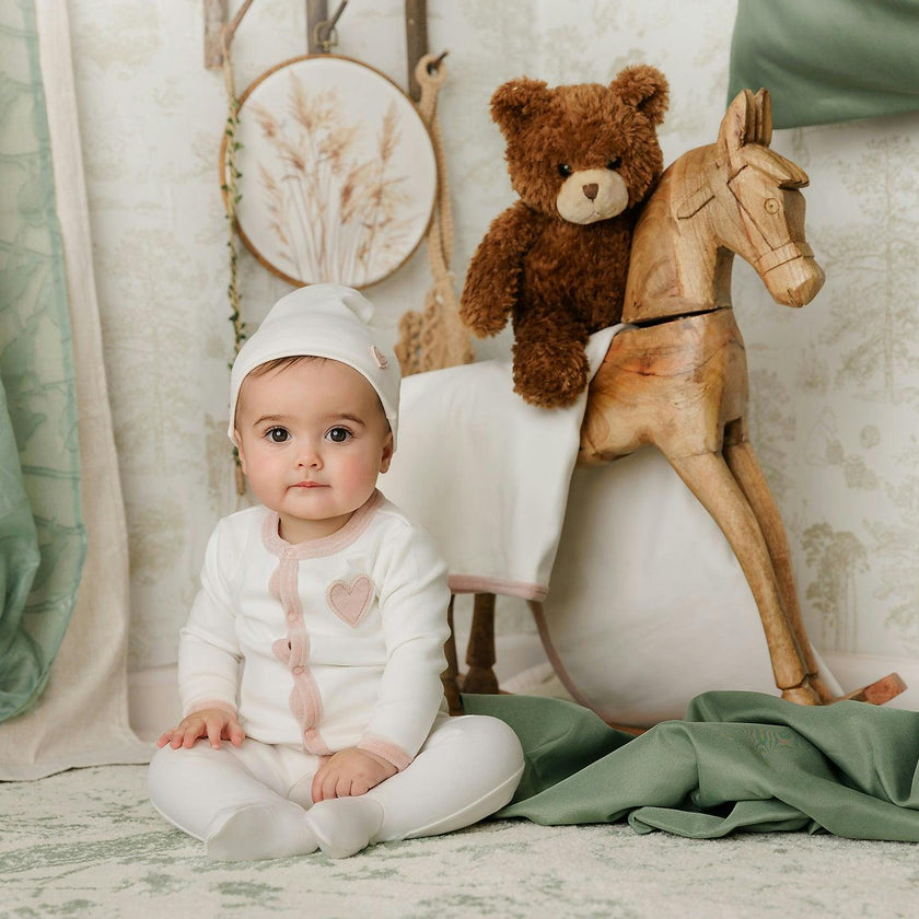 Heart-Patch Velour Footie & Hat Set