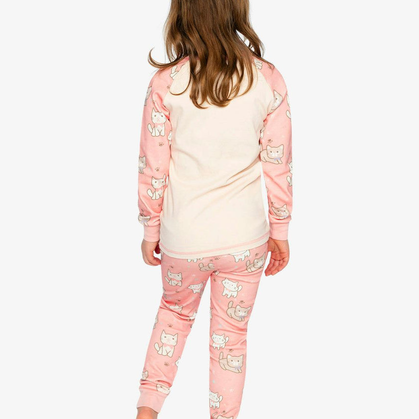 Organic Cotton Two Piece Pajama Set Pink Cat Print