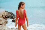 Girls' one-piece swimsuit with ruffles, UPF50+, coral | BORA BORA 1P