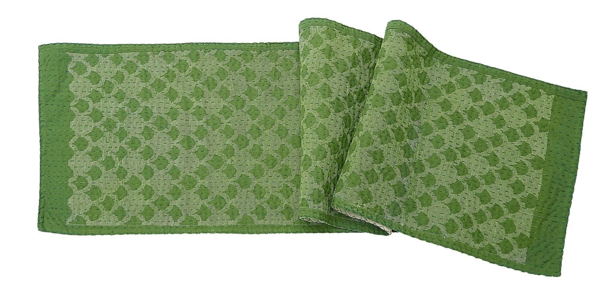 Artisan Hand Loomed Cotton Table Runner - Green Ginkgo - 18