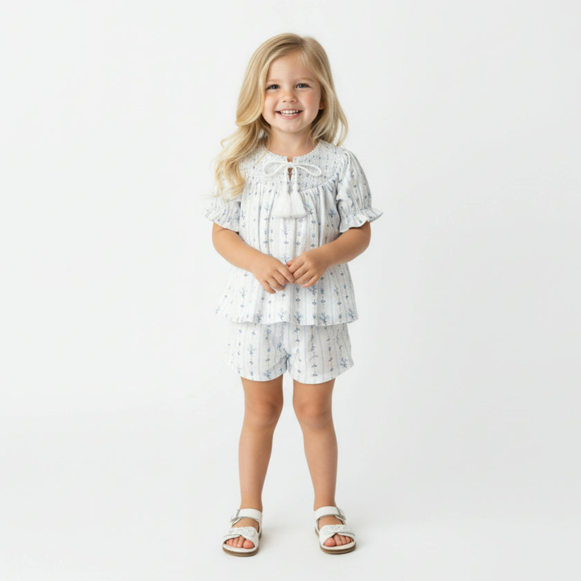 Organic Smocked Top & Shorts Set - Blue Vines