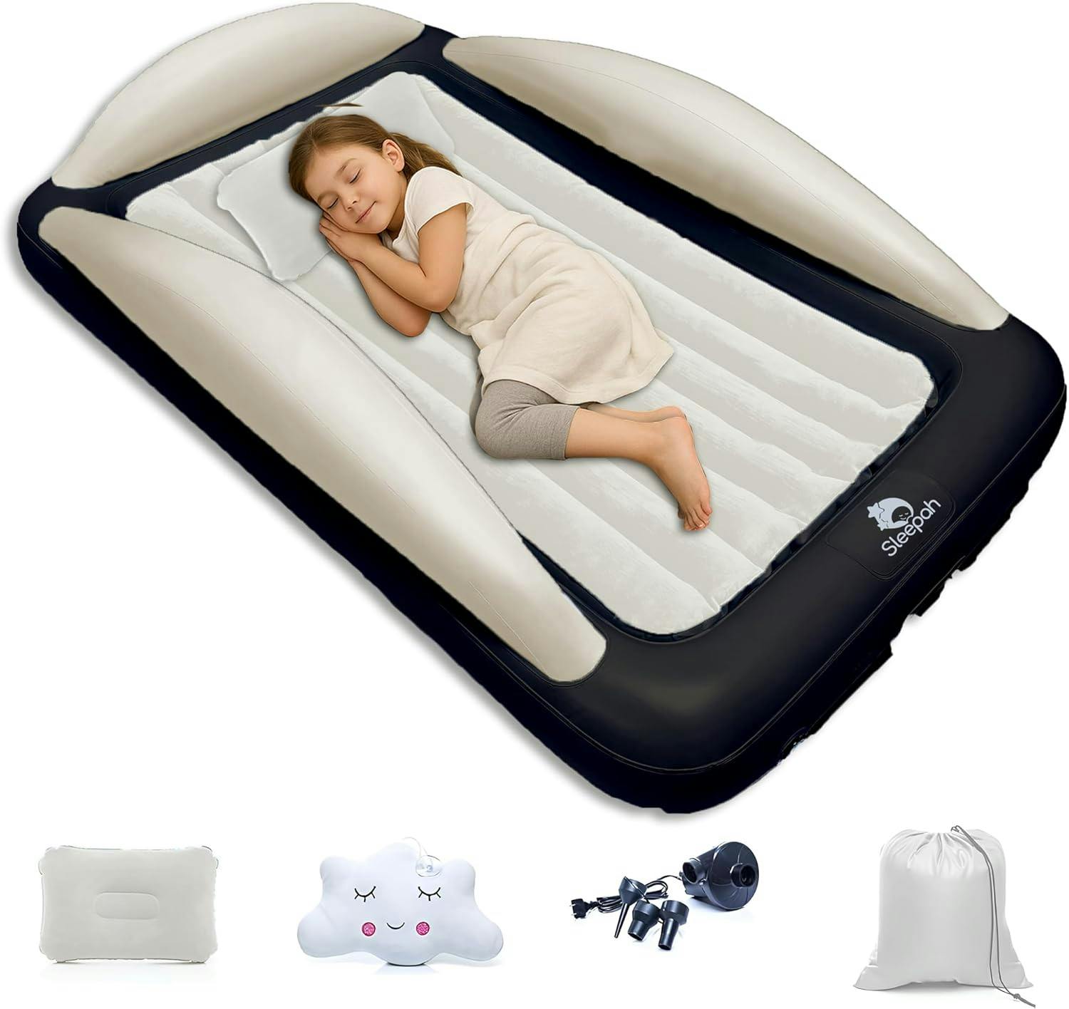 Sleepah Inflatable Toddler Travel Bed Portable Kids Air Mattress Set w Safety Bed Rail Guards for Kids & Toddlers – Set Includes Pump, Carry Case, Pillow