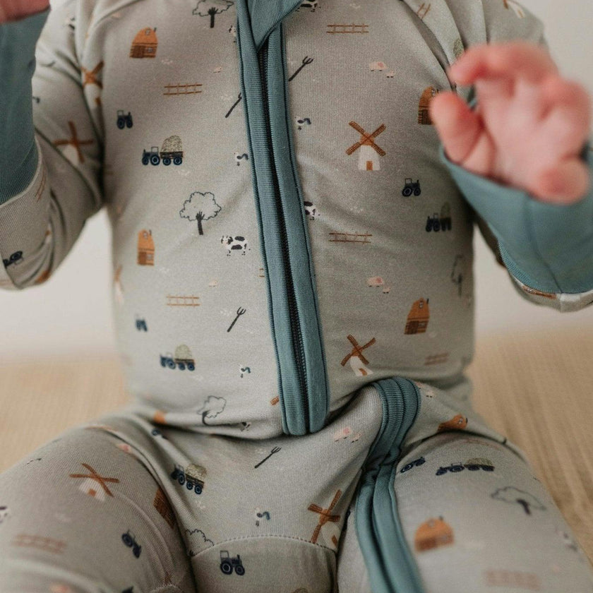 Baby Boy Long Sleeve Zip Romper in Farm