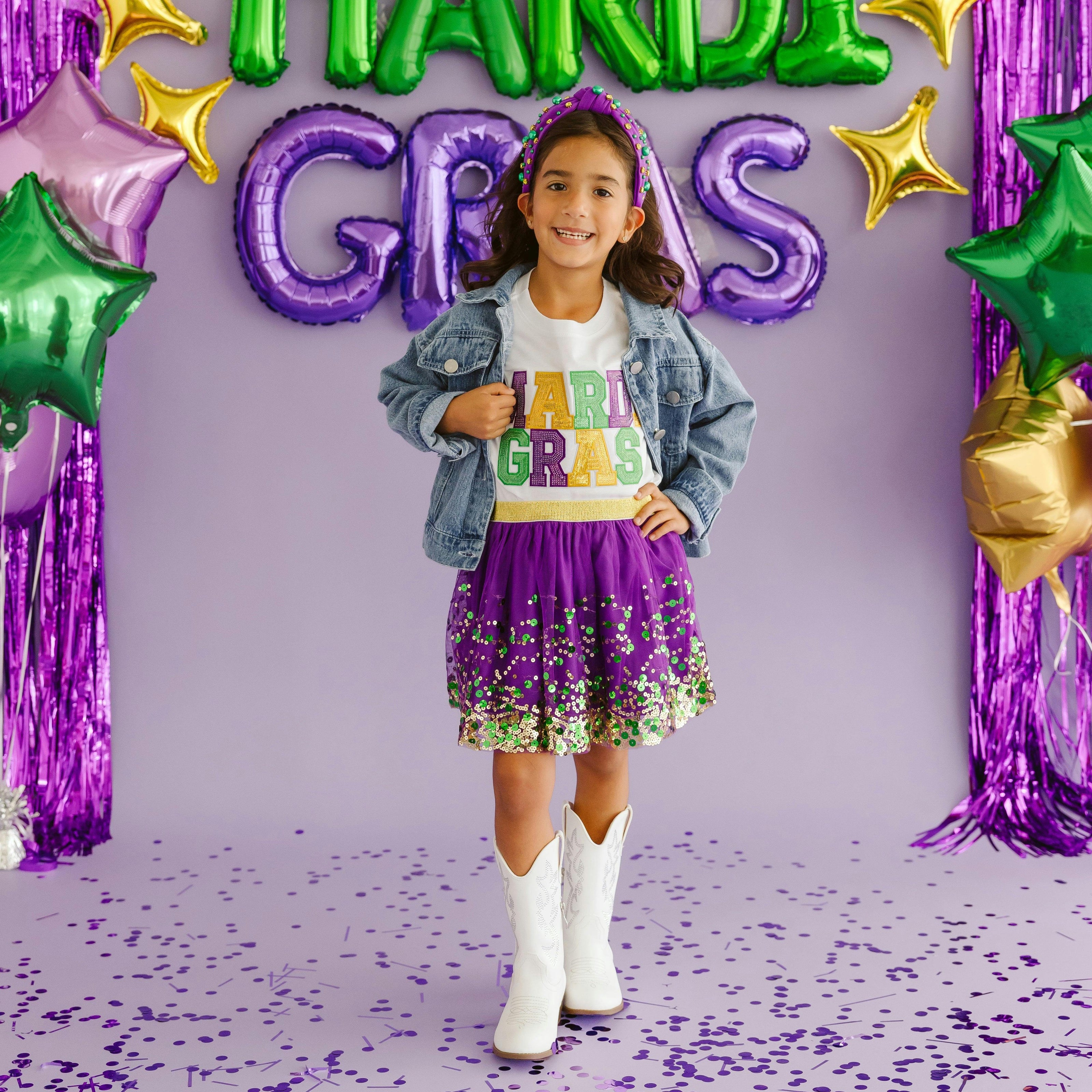 Mardi Gras Sequin Patch Short Sleeve T-Shirt - White