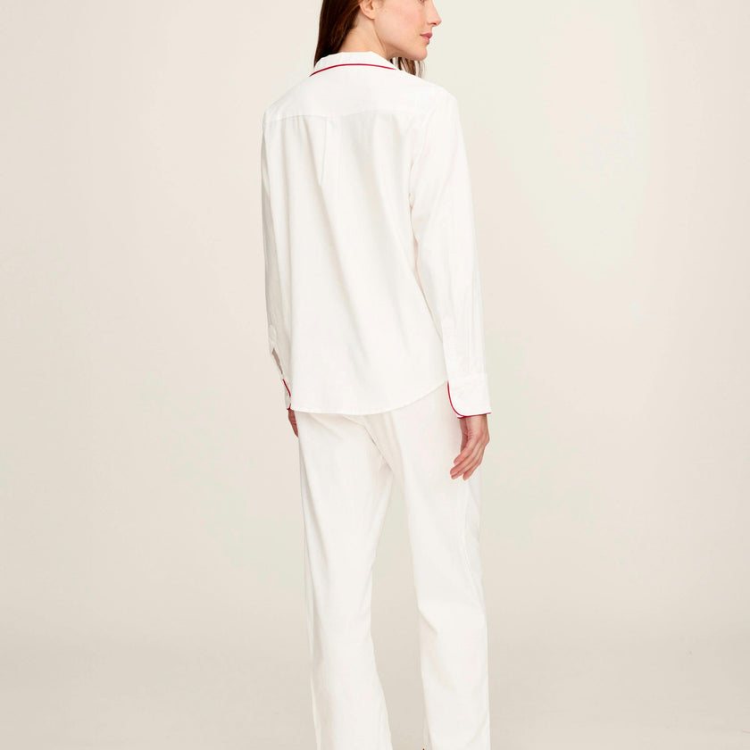 Women's Twill Pajama Set in White with Red Piping