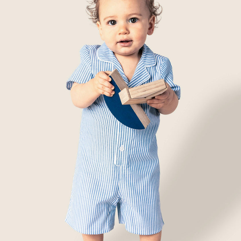 Baby's Twill Summer Romper in French Blue Heritage Stripe