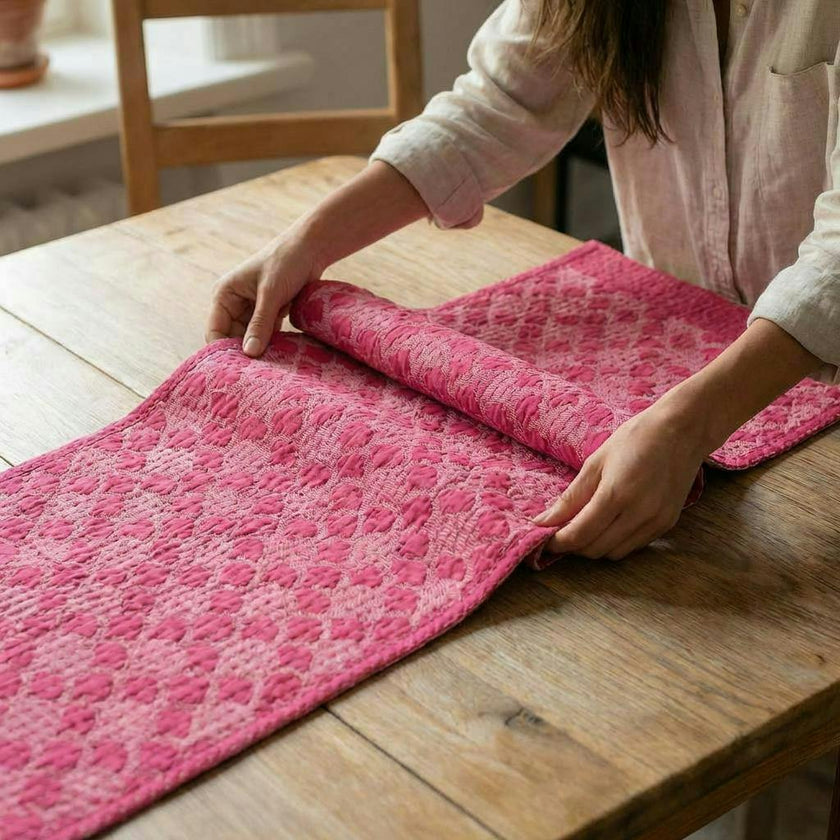 Artisan Hand Loomed Cotton Table Runner - Pink Ginkgo - 18"x96" Arcadia Home