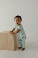 Baby Boy Short Sleeve Henley Romper in Dinosaur