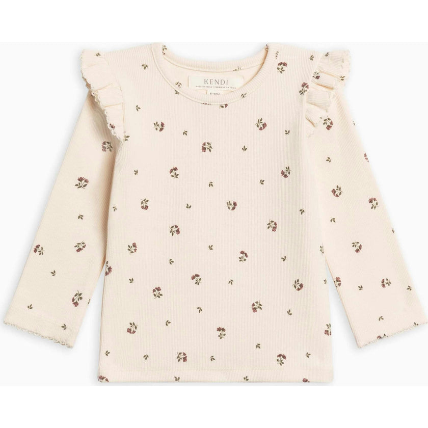 KENDI Rina Ribbed Ruffle Long Sleeve Top