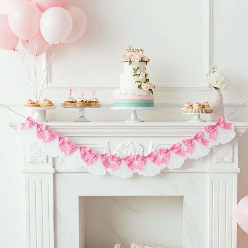 Packed Party Beautiful Bows Reusable Glitter Fringe Garland - 80-Inch Pink and White Fringe Banner with 3D Pink Glitter Bows for Birthdays and Showers