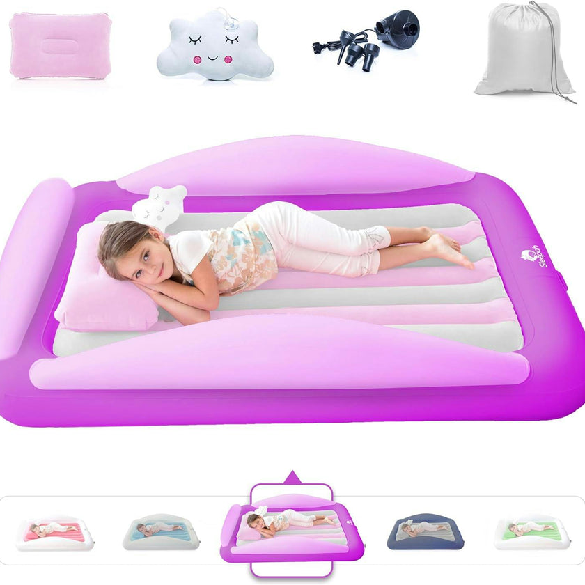 Sleepah Inflatable Toddler Travel Bed Portable Kids Air Mattress Set w Safety Bed Rail Guards for Kids & Toddlers – Set Includes Pump, Carry Case, Pillow