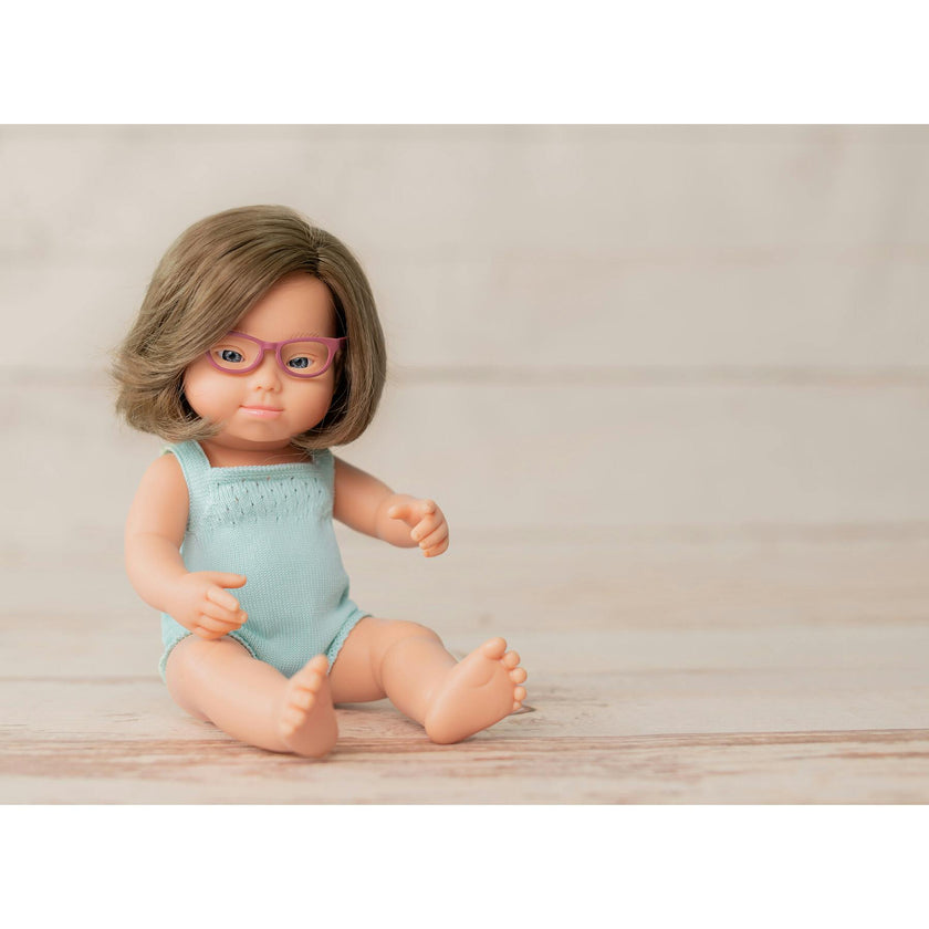 Colourful Edition Collection - Baby Doll Caucasian Girl with Down Syndrome with Glasses 15'' (turquoise rompers)