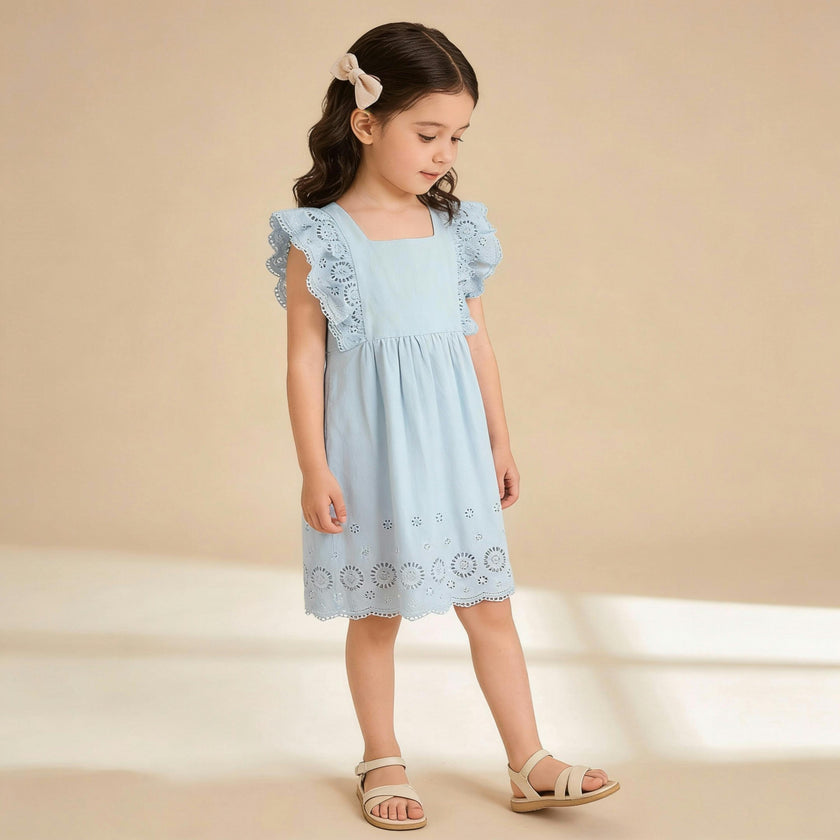 Organic Eyelet Flutter Dress - Light Blue Eyelet