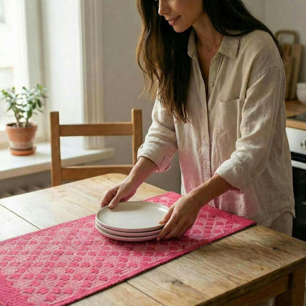 Artisan Hand Loomed Cotton Table Runner - Pink Ginkgo - 18