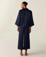 The Olivia Wide Leg Silk Pajama Set in Navy