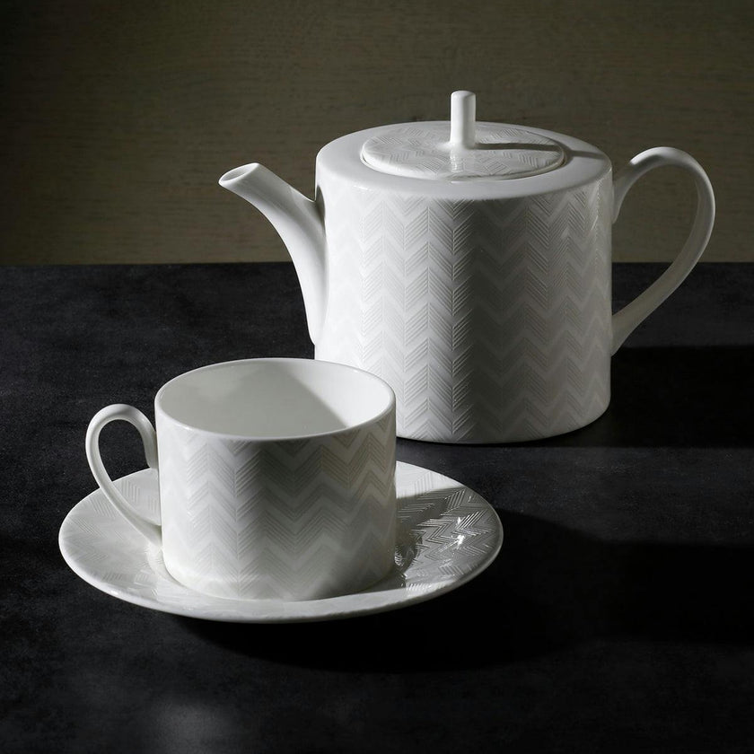 Coffee Cup & Saucer ZIG ZAG Set of 2 in Luxury Box White diam. 2.3", H 2.5", Cap. 4 oz, Saucer diam. 4.75"