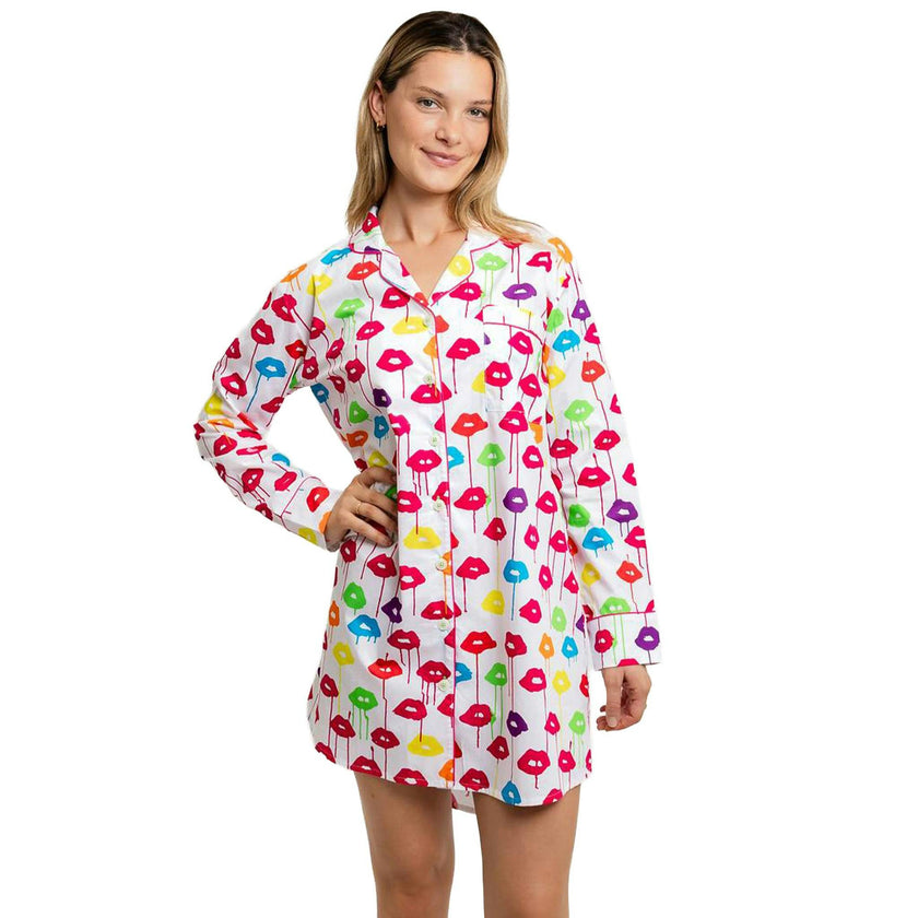 Women's Drawbertson Drippy Lips Night Shirt - Organic Cotton Poplin