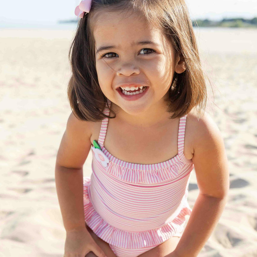 Stripe Seersucker Swimsuit with Flower