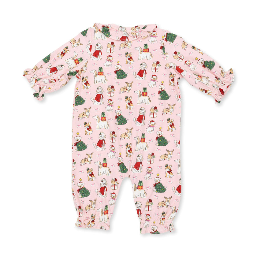 Christmas Dogs Pink - Bamboo - Long Sleeve Ruffle Collar Romper