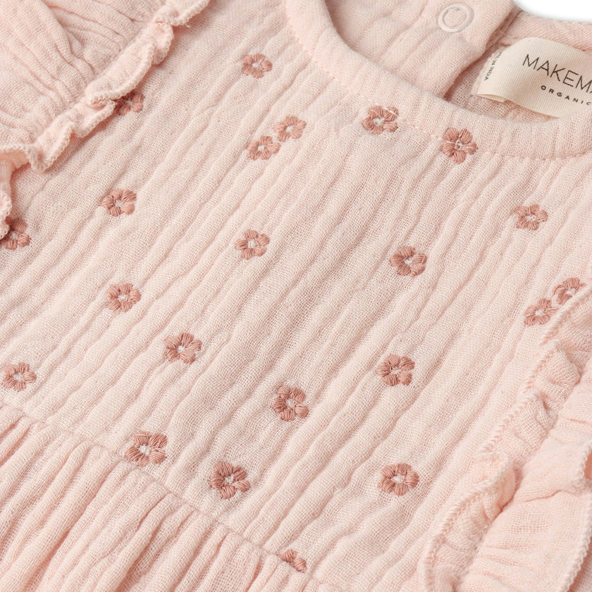 Organic Embroidered Ruffle Romper - Blush