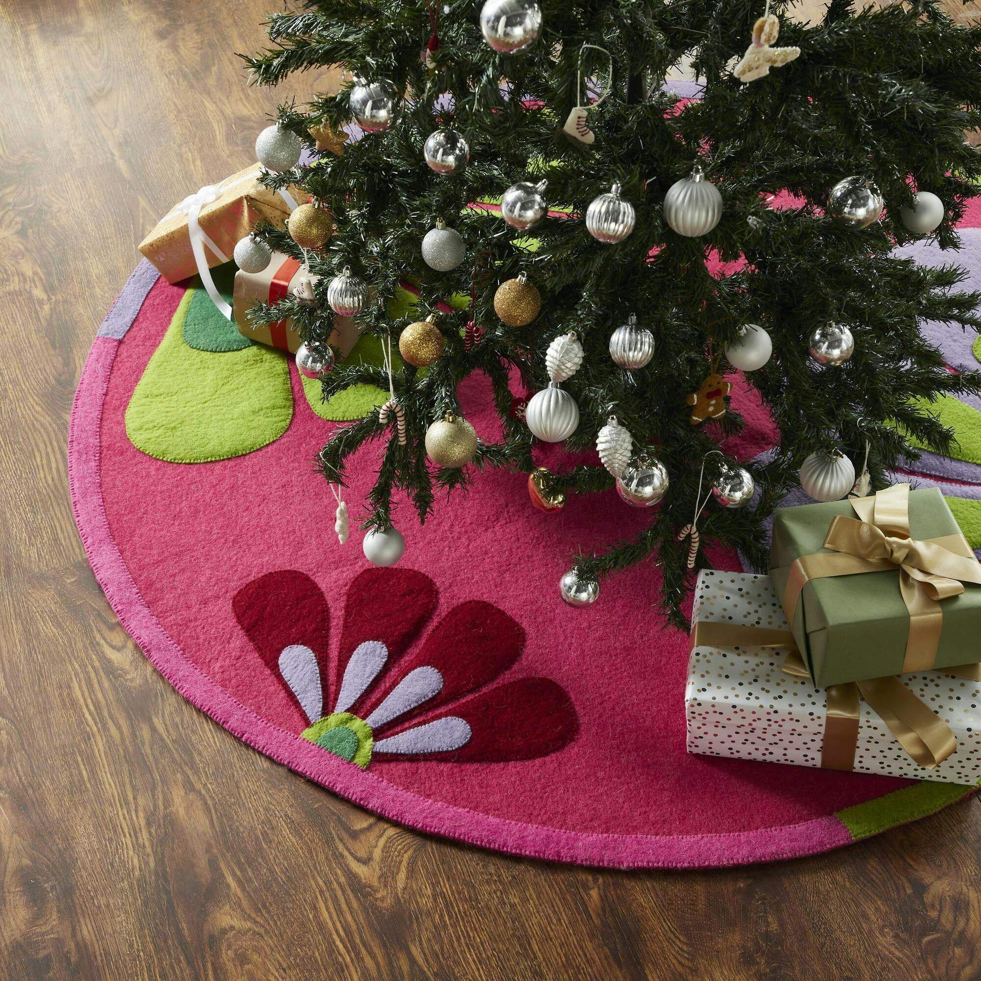 Handmade Retro Flowers Pink Christmas Tree Skirt Felt 60
