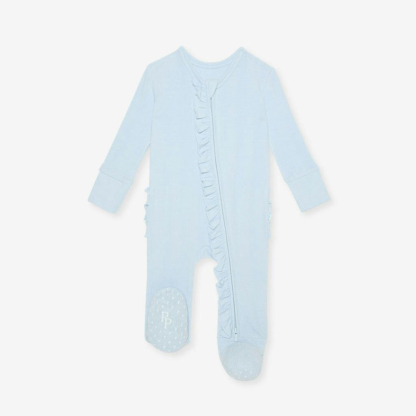 Soft Cloud Blue Pointelle Footie Ruffled Zippered One Piece