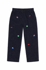 Corduroy Fake Fly Pants with Allover Embroidery