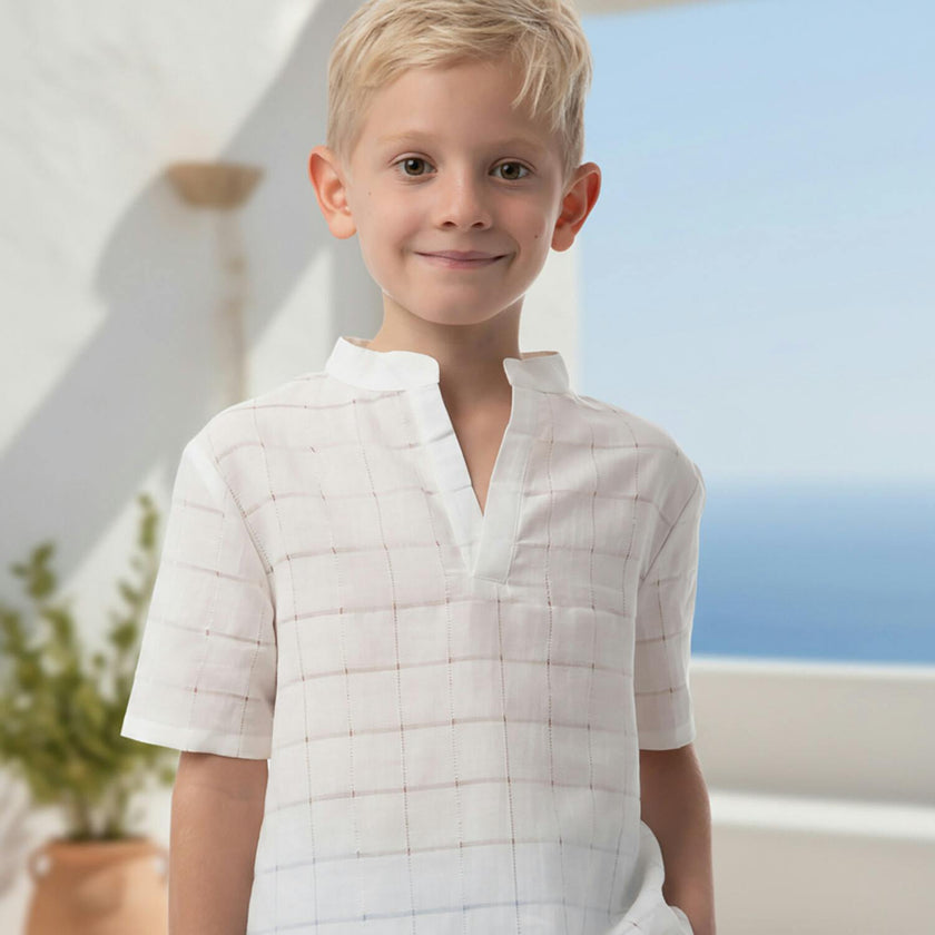 Dev Boy Shirt Short Sleeve Linen, White Openwork