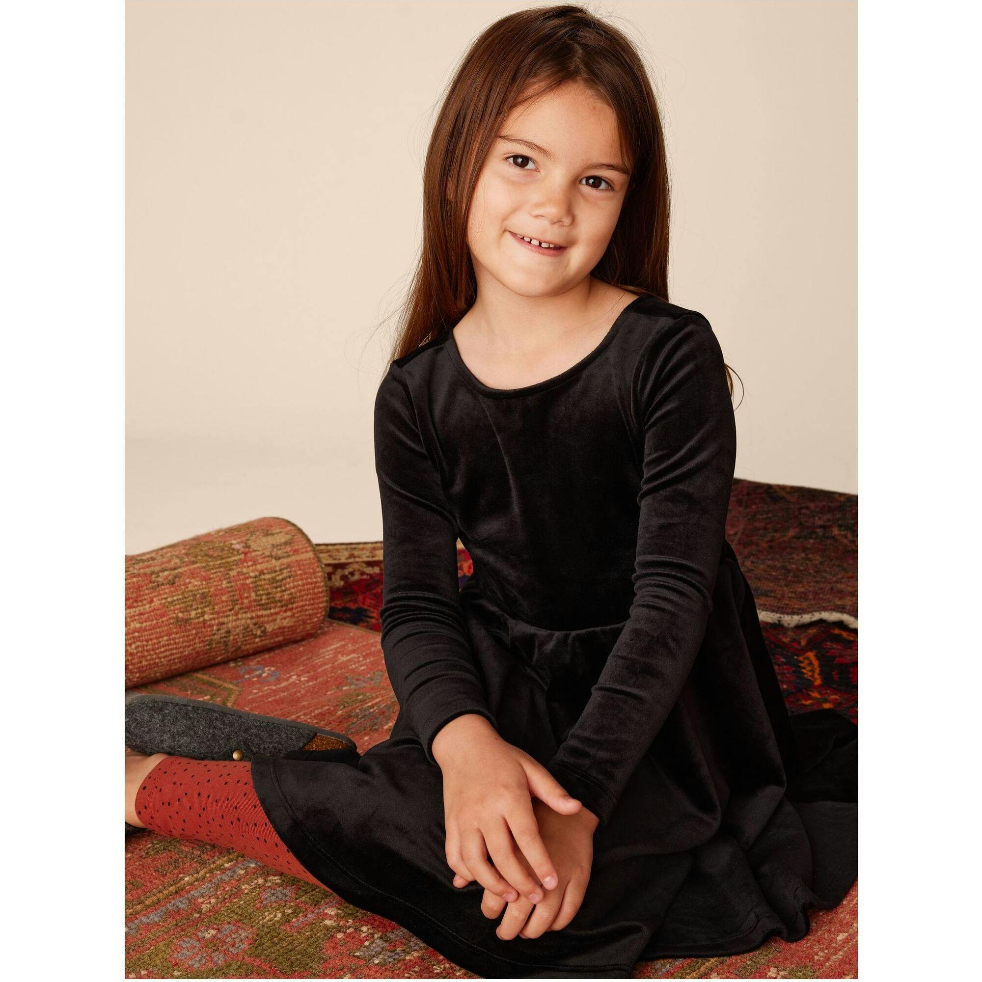 Velour Boat Neck Long Sleeve Ballet Skirt Dress, Black