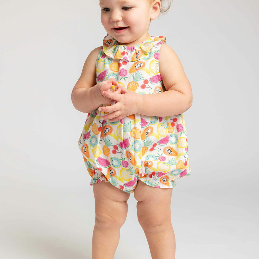 Fruit Print Romper with Neck Ruffle