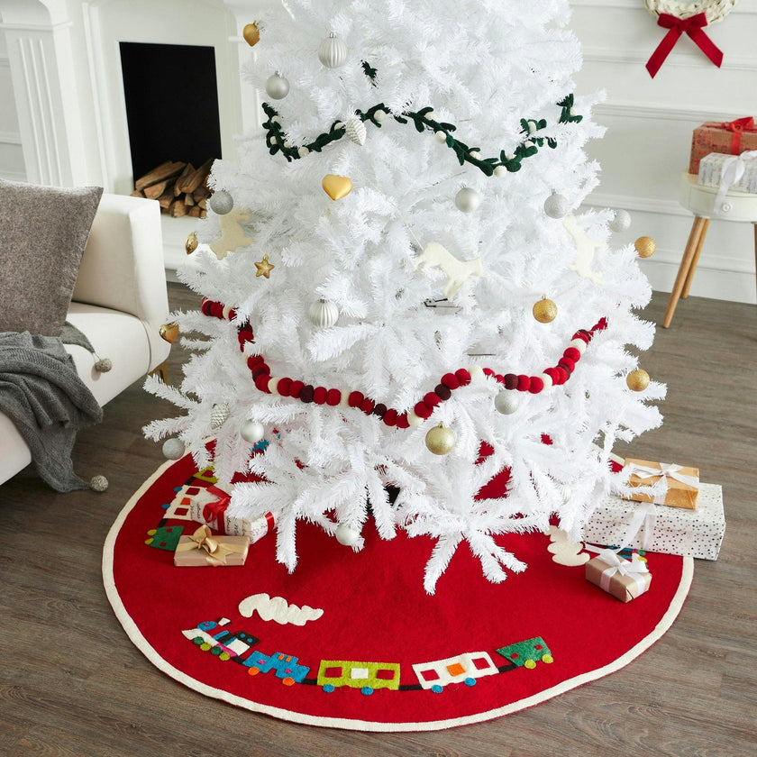 Handmade Toy Train Red Christmas Tree Skirt Felt 26"/60" Arcadia Home