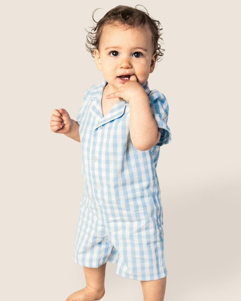 Baby's Twill Summer Romper in Light Blue Gingham