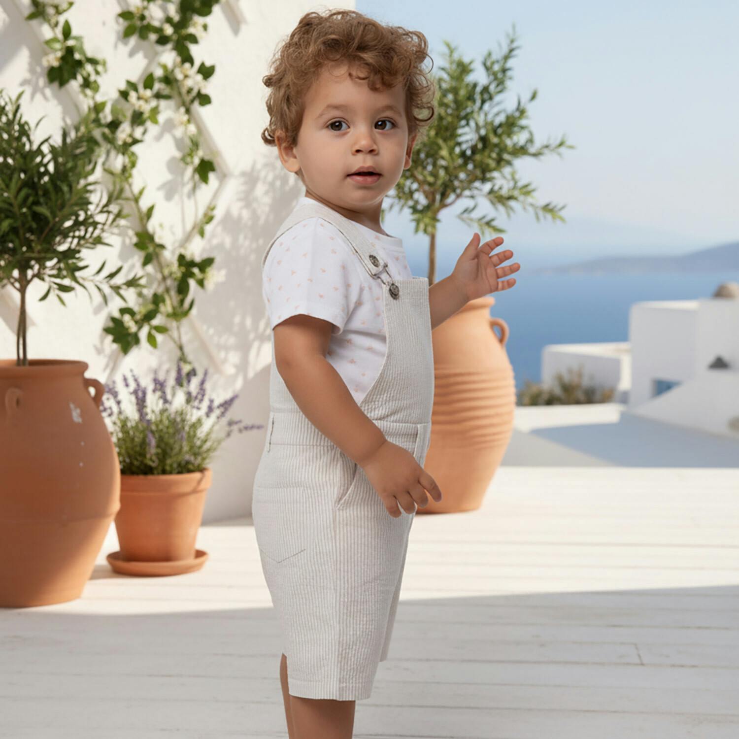 Benjamin Baby Dungaree, Beige Stripe