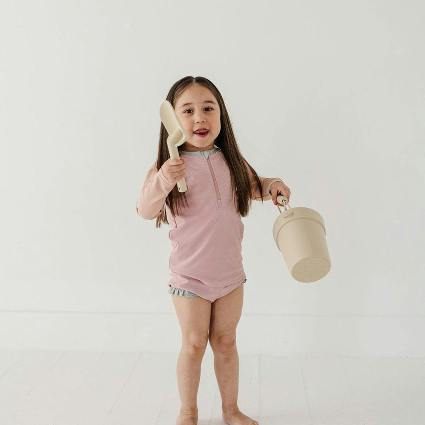 Girls Zip Rash Guard Two-Piece Swimsuit in Mauve Colorblock