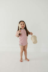 Girls Zip Rash Guard Two-Piece Swimsuit in Mauve Colorblock