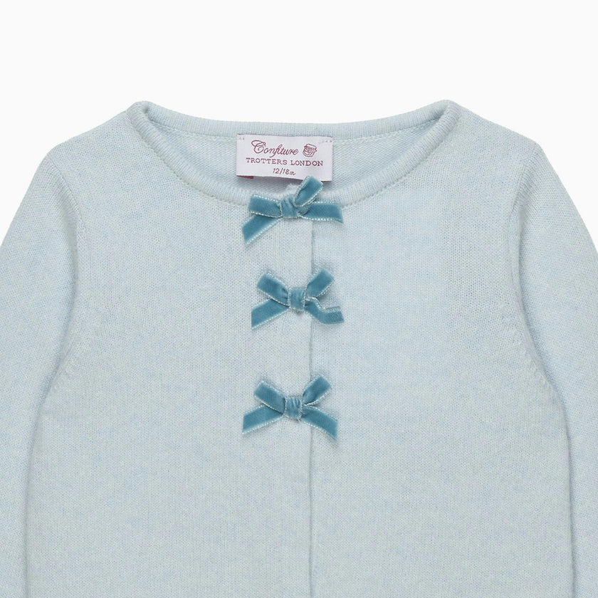Baby Velvet Bow Cardigan in Pale Blue