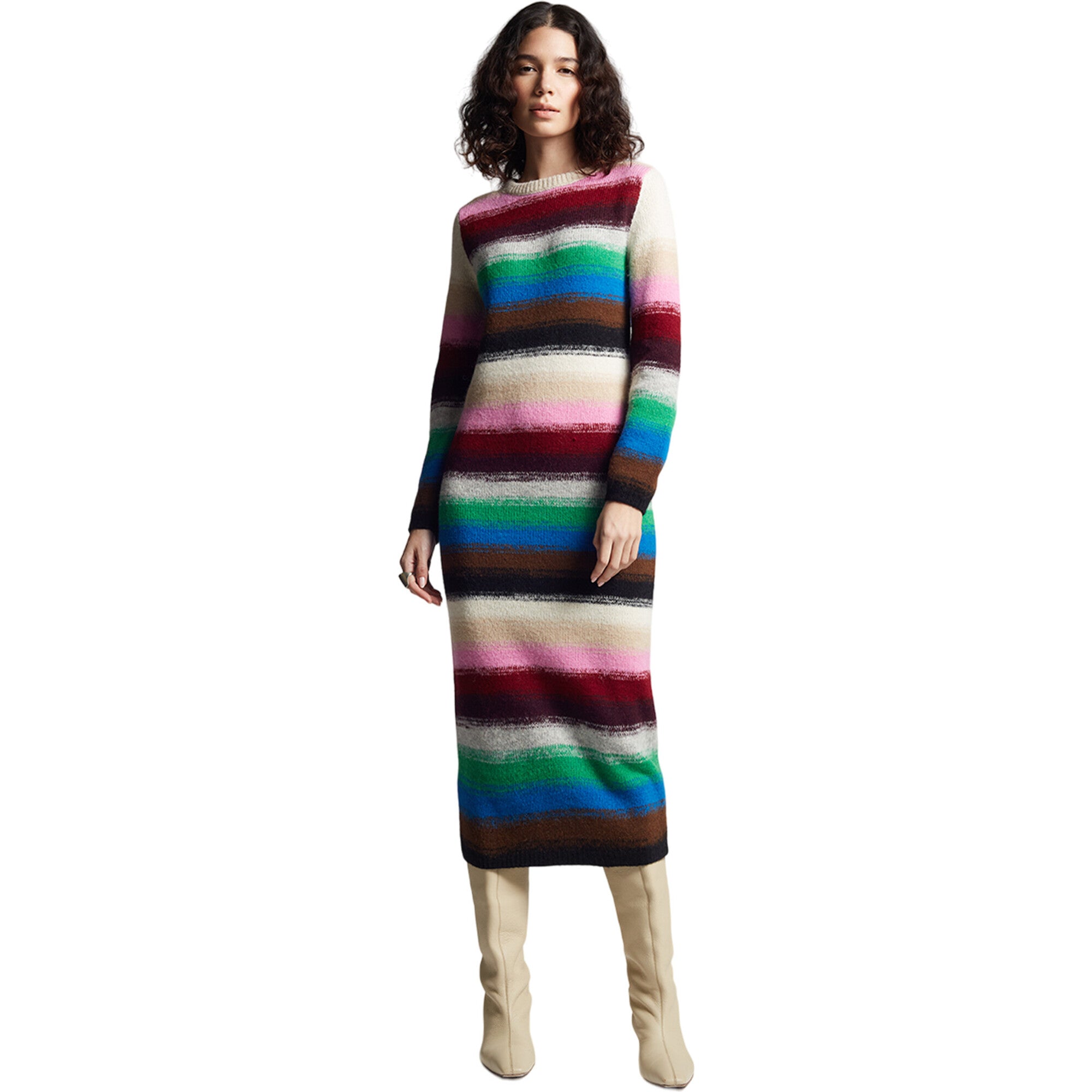 Women's Lydia Jersey Ribbed Crew Neck Long Sleeve Dress, Multi
