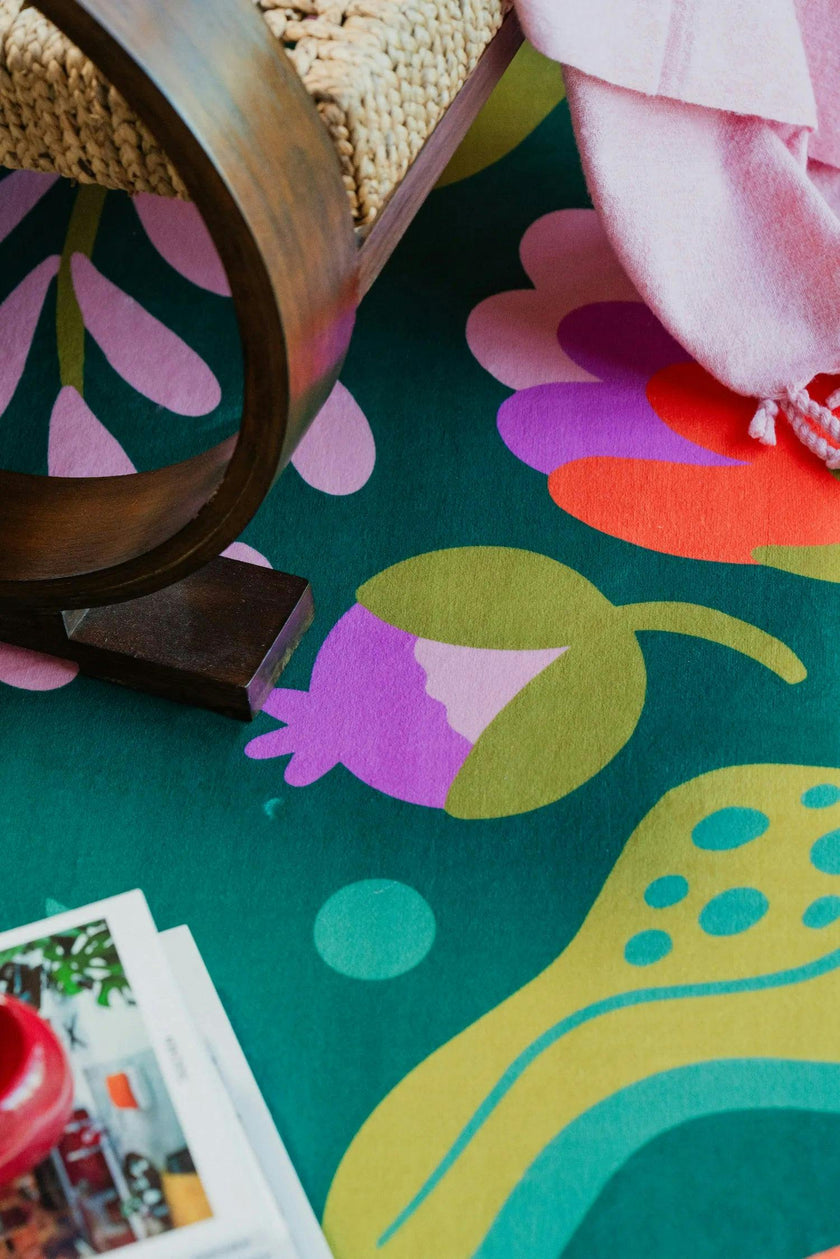 Green Base Pink Floral Wavy Rug by Jessica Miller