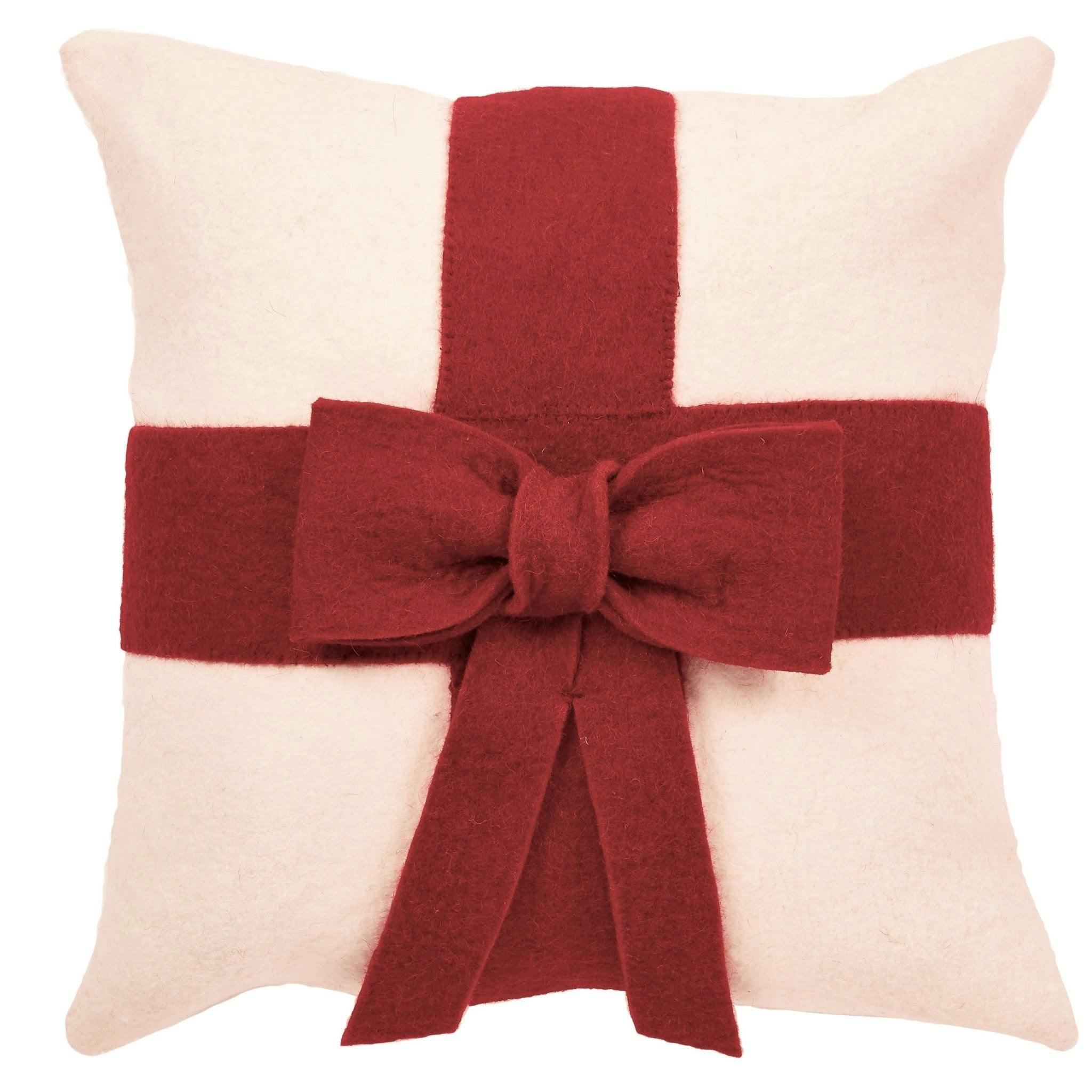 Red Bow Cream - Christmas Pillow Cover Hand Felted Wool - 20