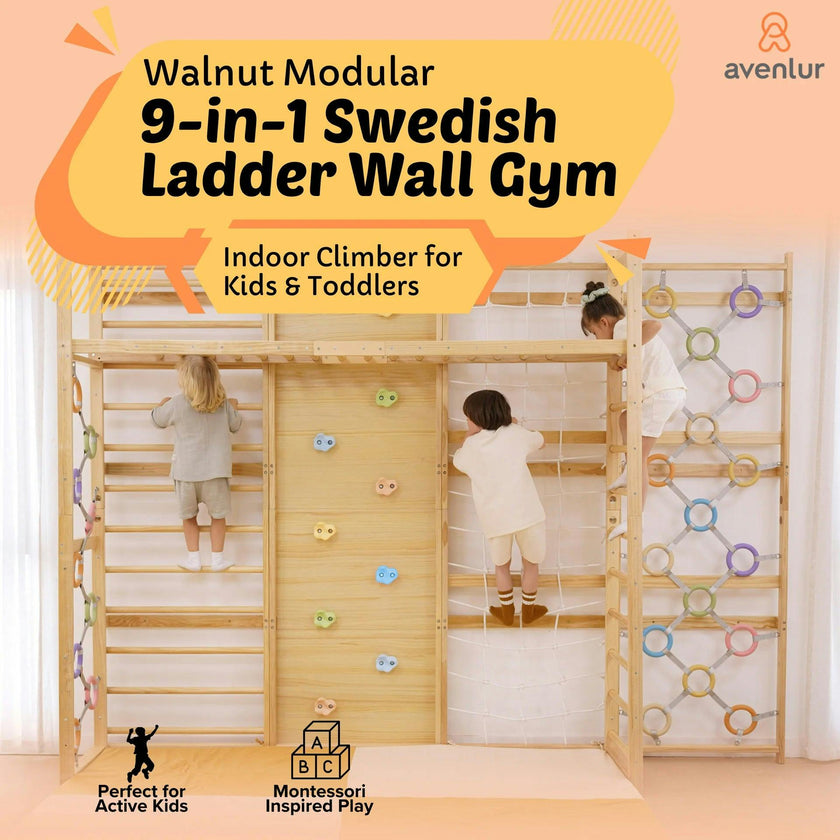 Walnut Modular 79" | Swedish Wall Gym in 3 Panels for Lower Ceilings