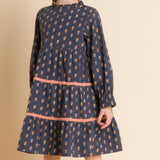 Long Sleeves Tiered Skirt Dress with Velvet Trim