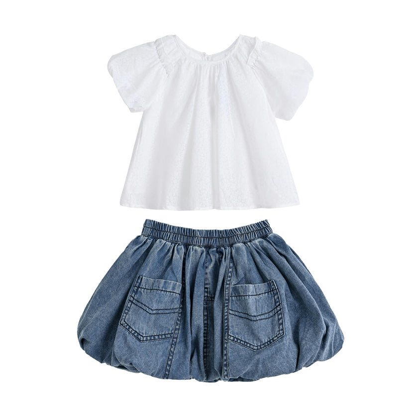White Lace-Trim Bow Skirt Set