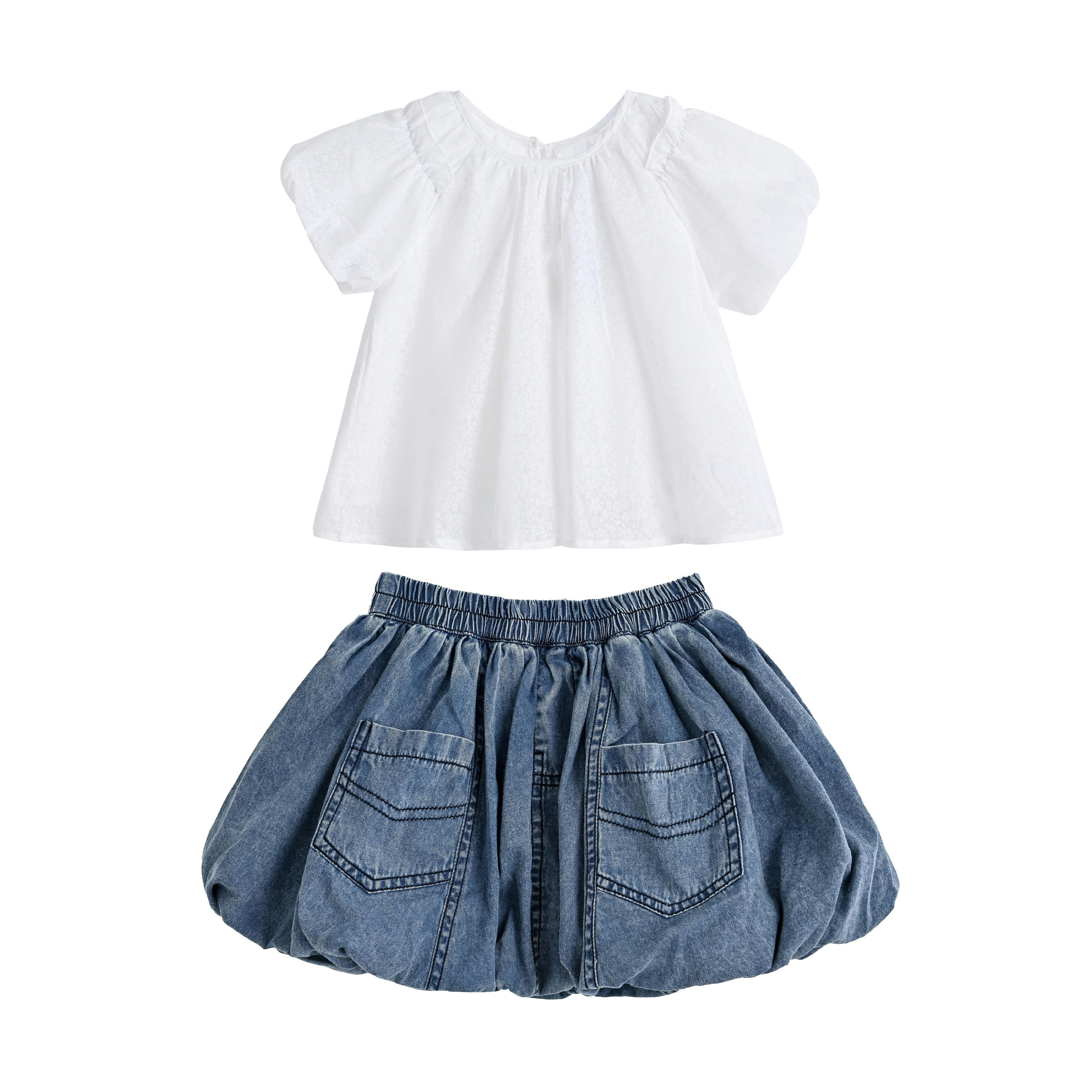 White Lace-Trim Bow Skirt Set