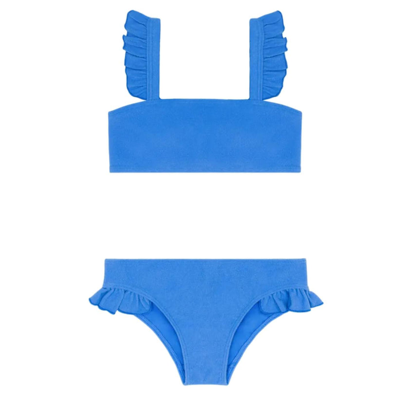 girls deep sea blue terry ruffle strap bandeau bikini