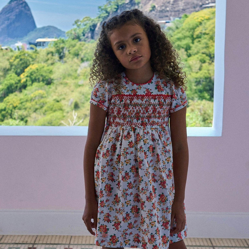 Coral Floral Soraya Girl Hand-Smocked Dress
