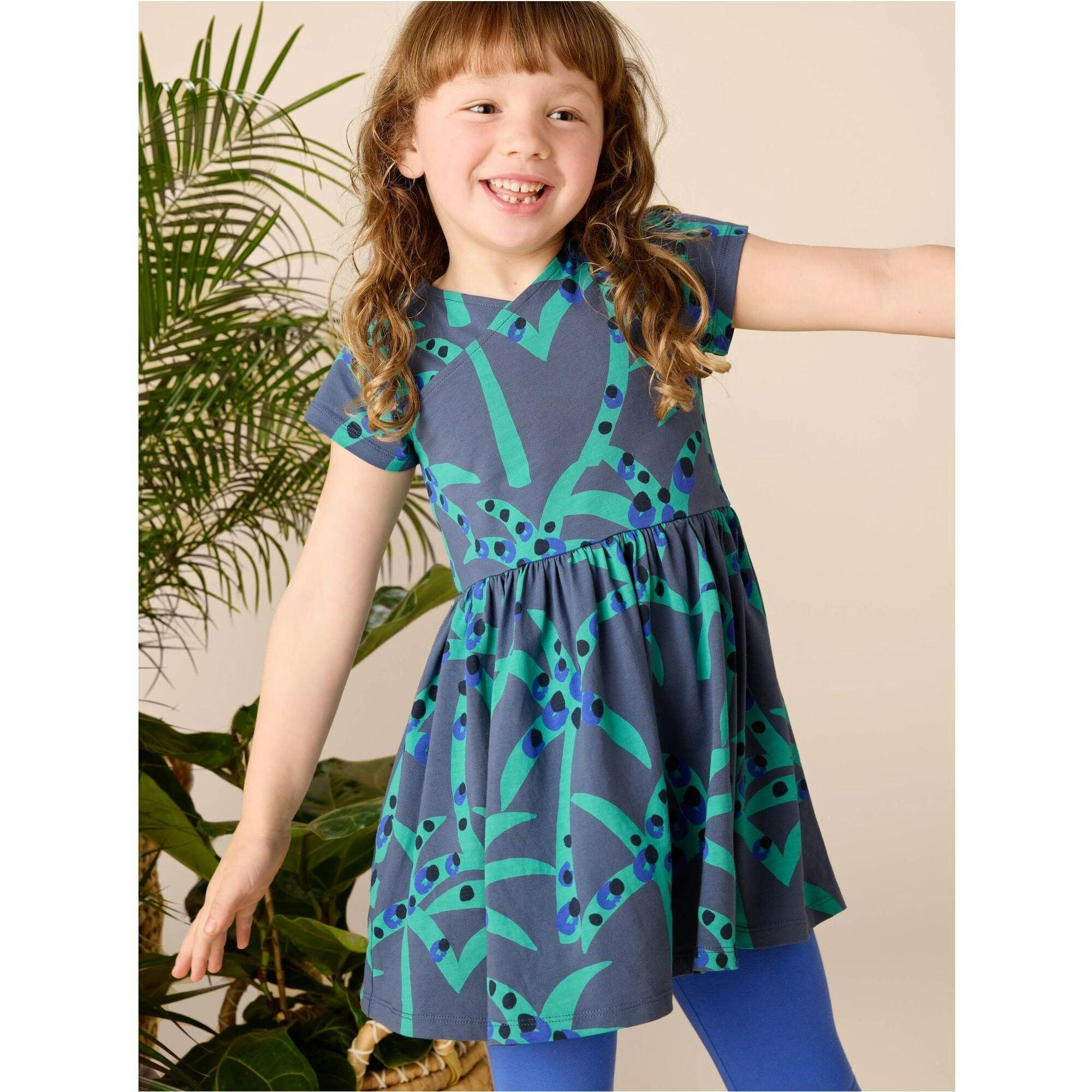 Short Sleeve Wrap Neck Dress, Blue